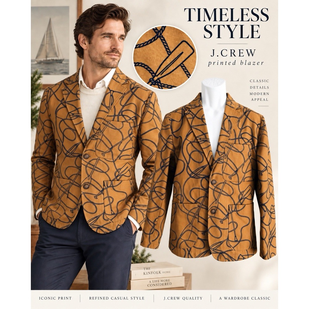 J.Crew Men's 38 Blazer Brown Navy Equestrian Rope Oar Print Canvas Jacket